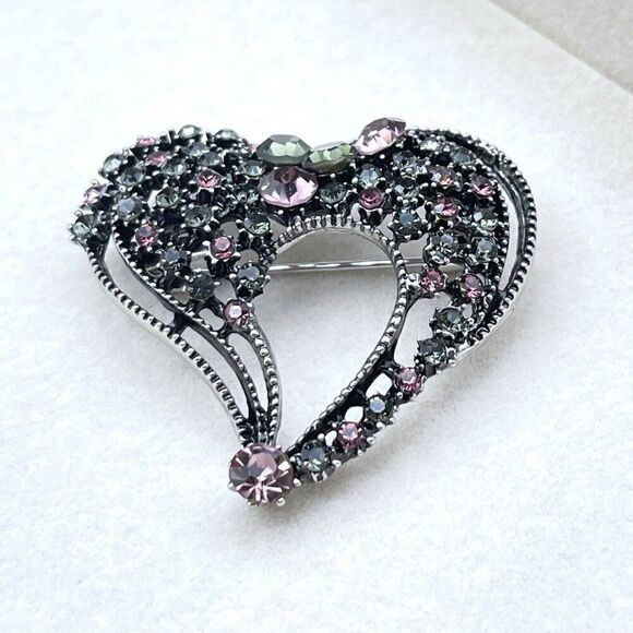 Gunmetal Gray with Pink Morganite and Olivine Crystal Heart Pin Back Brooch - Picture 4 of 8